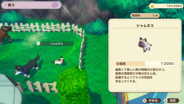 動物屋でシャムネコ（7000G）を購入する画面