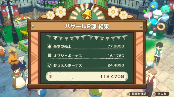 1年目なつ19日 バザール2部売上結果画面（計118,470G）